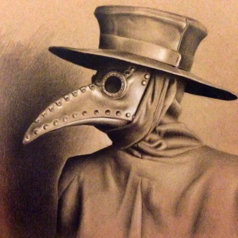 A person wearing a historical plague doctor costume, featuring a long beaked mask with metal rivets, a wide-brimmed hat, and a cloak, depicted in a sepia-toned drawing.
