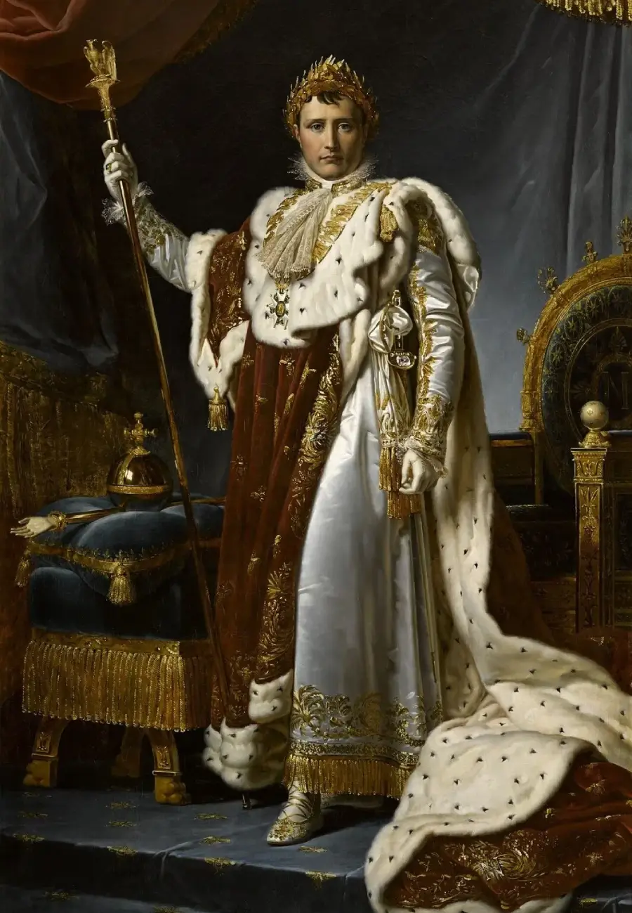 A regal figure dressed in elaborate royal robes and a gold crown stands holding a scepter. He is surrounded by luxurious furnishings, including a fur-trimmed throne and a cushion with an orb and crown.
