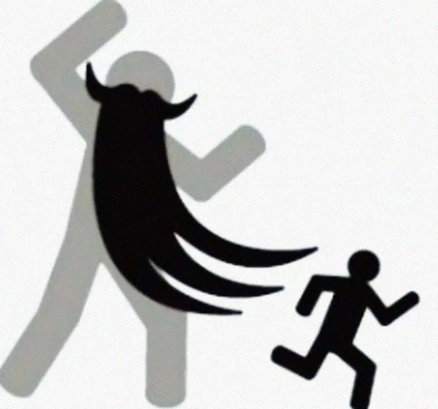 A large stick figure with a flowing black beard looms over a smaller stick figure who appears to be running away. The scene is simple, with bold lines and a white background.