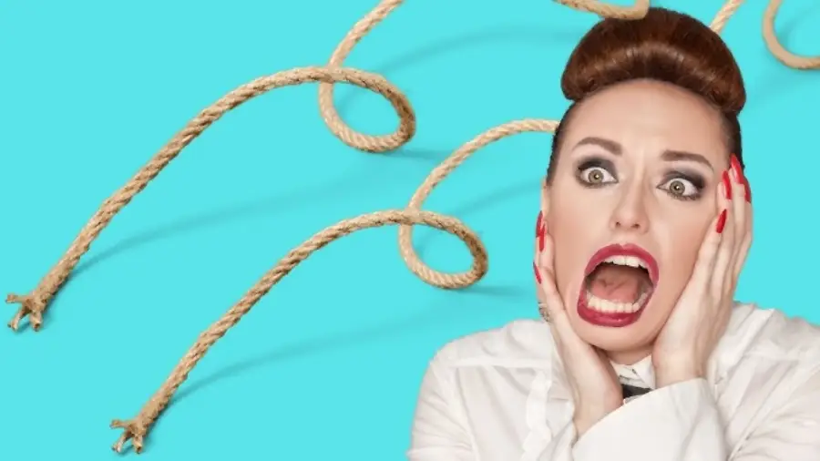 A woman with dramatic makeup and a shocked expression holds her face in her hands. Behind her, three ropes with frayed ends curve against a bright blue background.