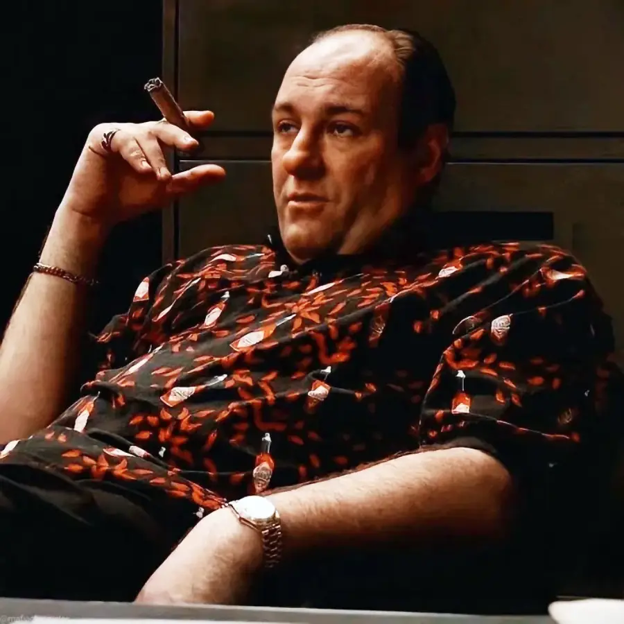 A man with thinning hair sits back in a chair, holding a cigar in his right hand. He wears a patterned shirt and a watch, looking relaxed and contemplative.