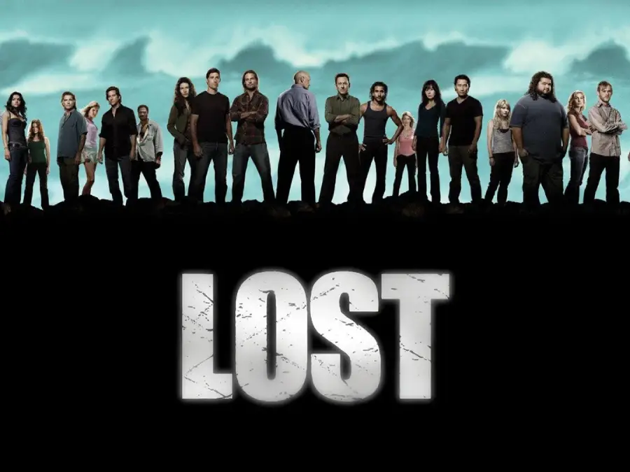 A group of people stand in a line against a cloudy blue sky, with the word "LOST" in large letters below them. The image is a promotional poster for the TV series "Lost.