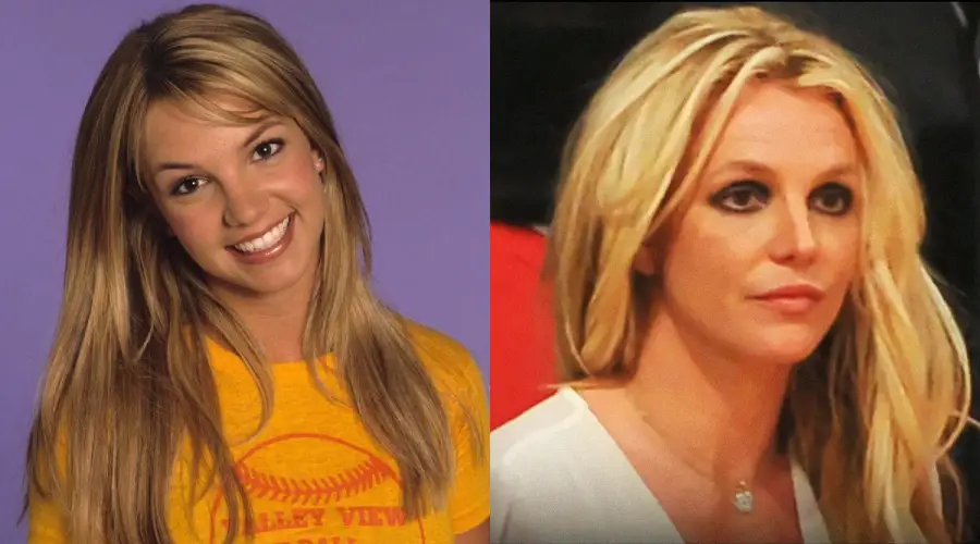 Side-by-side photos of a woman: on the left, she is smiling with straight hair, wearing a yellow shirt; on the right, she appears more serious, with darker eye makeup and a white top.