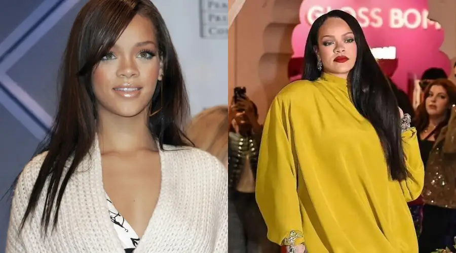 Side-by-side images of a woman with long dark hair, wearing a white sweater in the left image and a loose yellow outfit in the right image, standing indoors with people and a "Gloss Bomb" sign in the background.