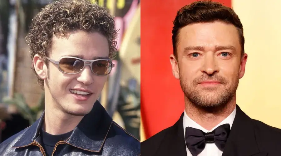 Side-by-side photos of the same man at different ages: on the left, he has curly hair, sunglasses, and a denim jacket; on the right, he has short hair, a beard, and is wearing a tuxedo.