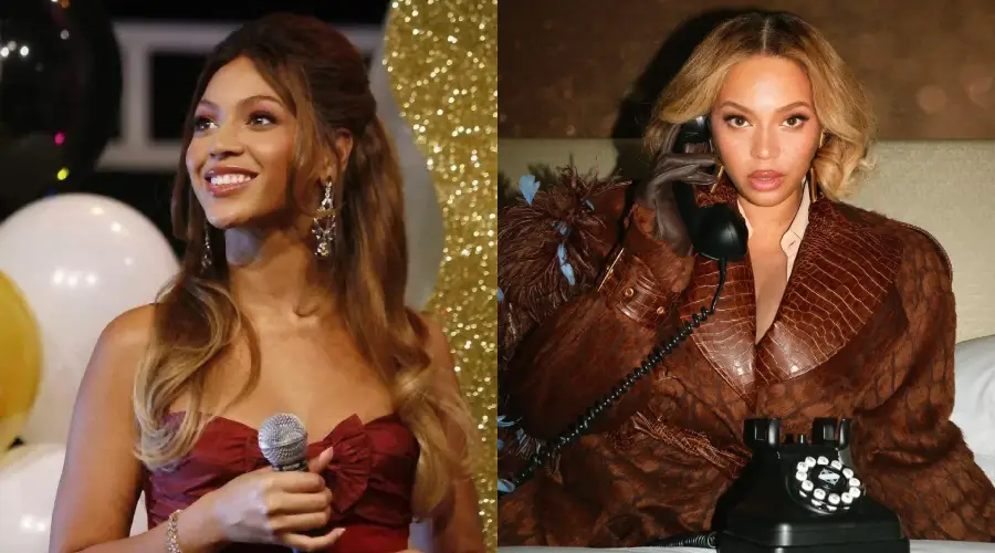 Side-by-side images of a woman: left, she smiles holding a microphone at an event with balloons; right, she wears a brown outfit, holding a vintage phone to her ear, seated at a table.