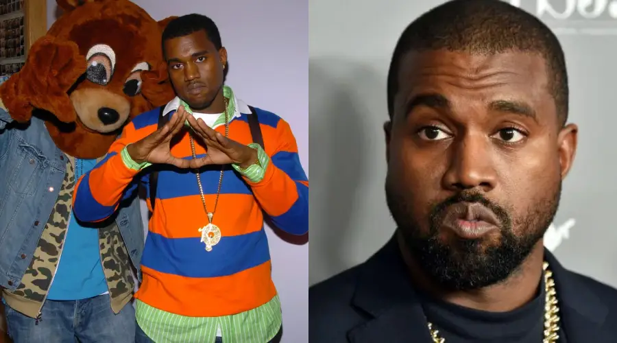A side-by-side image: on the left, a man in a striped orange and blue shirt poses next to someone in a bear costume; on the right, a close-up of the same man with a serious expression.