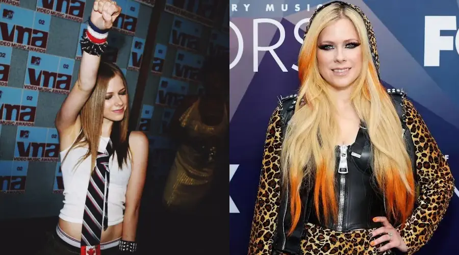 Side-by-side photos: on the left, a woman in a tank top, striped tie, and wristbands raises her fist at an event; on the right, the same woman wears a leopard-print outfit and smiles on a red carpet.