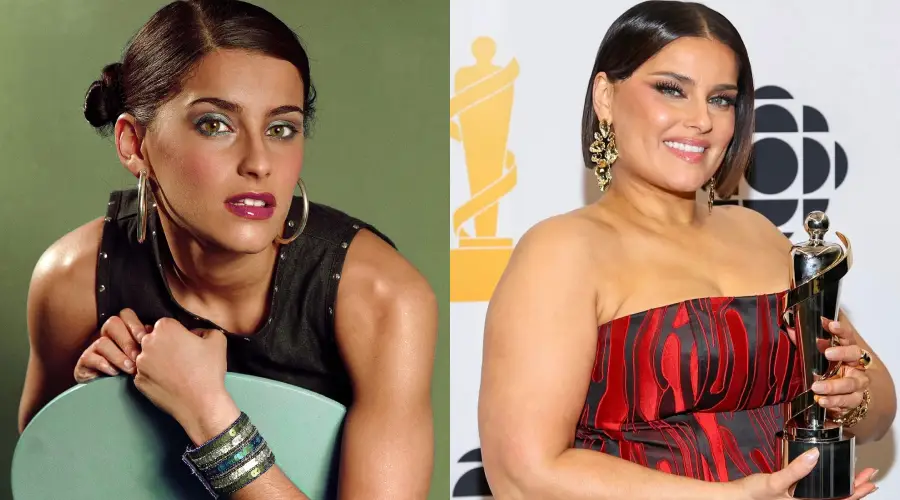 A side-by-side image shows a woman with dark hair: on the left, she poses with her arms on a chair, wearing hoop earrings and a sleeveless top; on the right, she smiles in a strapless dress, holding an award.