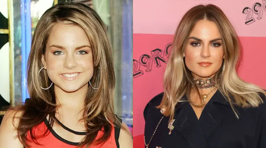 Side-by-side photos of a woman as a teenager with long brown hair, hoop earrings, and a red top on the left, and as an adult with blonde hair, darker makeup, and a black outfit on the right.
