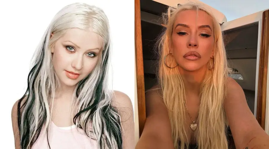 Side-by-side photos of a woman with long, platinum blonde hair; on the left, she has dark streaks and a soft expression, and on the right, she has loose waves and poses confidently with makeup and hoop earrings.