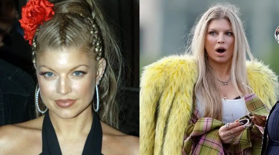 A split image shows a woman with braided hair and a red flower, wearing hoop earrings and makeup on the left; on the right, she looks surprised, wearing a yellow fur coat over a plaid outfit, holding sunglasses.