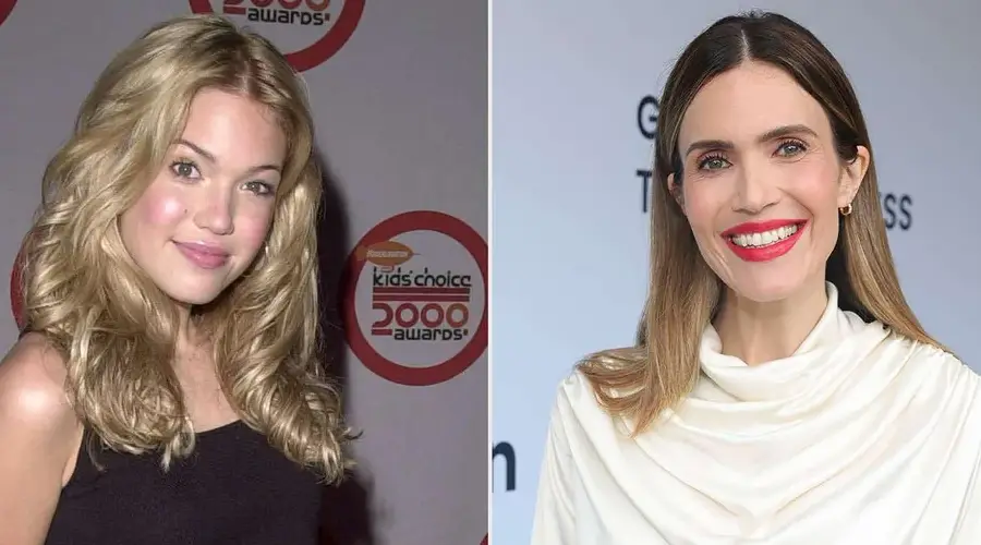 Side-by-side photos of a woman: on the left, she has long blonde hair and a black top at a 2000s event; on the right, she has brown hair with highlights, red lipstick, and a white top, smiling at a modern event.