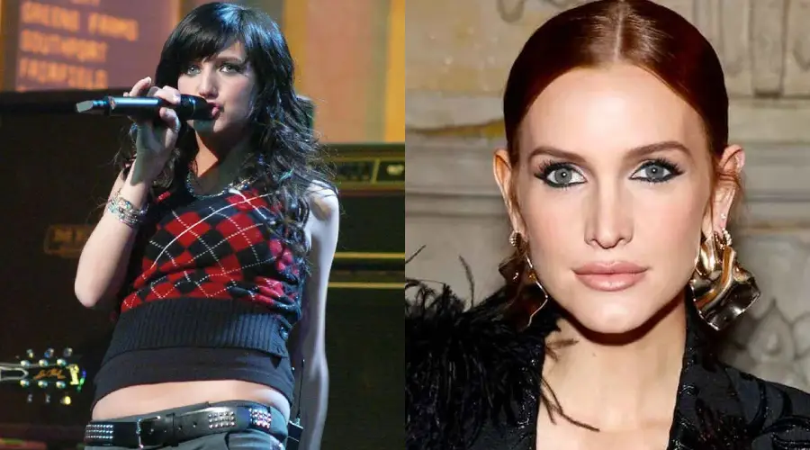Side-by-side images: On the left, a woman with long dark hair sings on stage holding a microphone. On the right, the same woman with red hair poses at an event with dramatic makeup and gold hoop earrings.