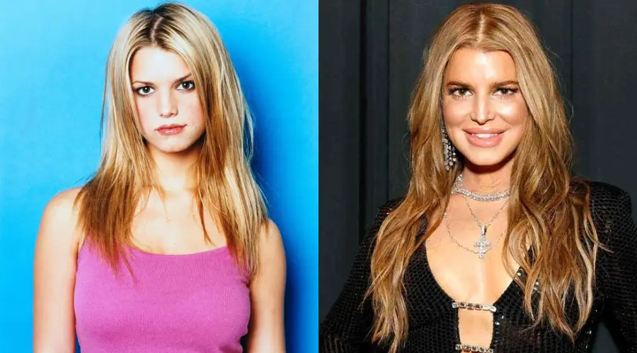 Side-by-side images of the same woman with long blonde hair: on the left, she wears a pink tank top against a blue background; on the right, she wears a black outfit and jewelry, smiling at an event.
