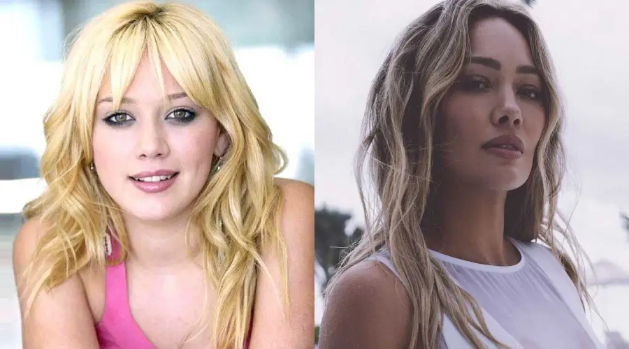Side-by-side photos of the same woman: left, with blonde hair, a pink top, and a youthful appearance; right, as an adult with wavy light brown hair, wearing a white sleeveless top, looking serious.