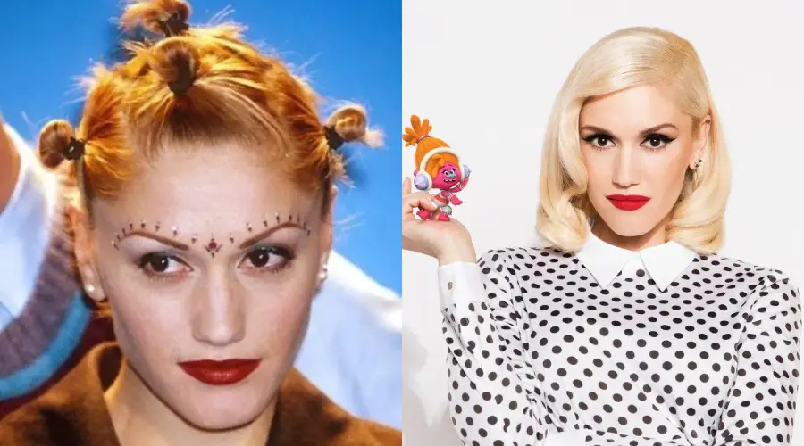 Side-by-side photos of a woman: on the left, she has mini buns, thin eyebrows with dots above them, and dark red lipstick; on the right, she has platinum blonde hair, red lipstick, and wears a polka dot top holding a small toy.
