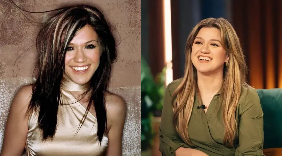 A split image shows a woman with long, highlighted hair smiling; on the left, she wears a shiny sleeveless top, and on the right, she wears a green blouse, sitting and smiling during an interview.