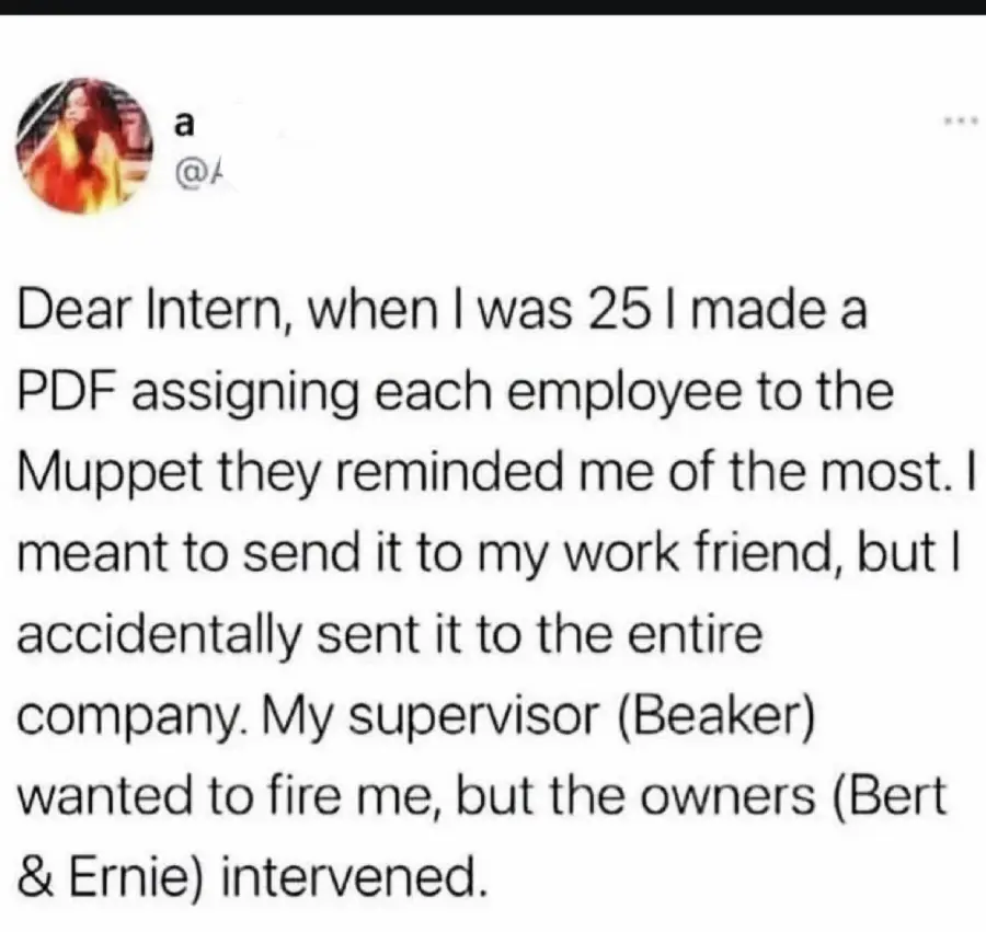 Screenshot of a tweet describing a funny story where someone sent a list assigning coworkers to Muppets to the whole company by accident; their supervisor (Beaker) wanted them fired, but owners (Bert & Ernie) intervened.