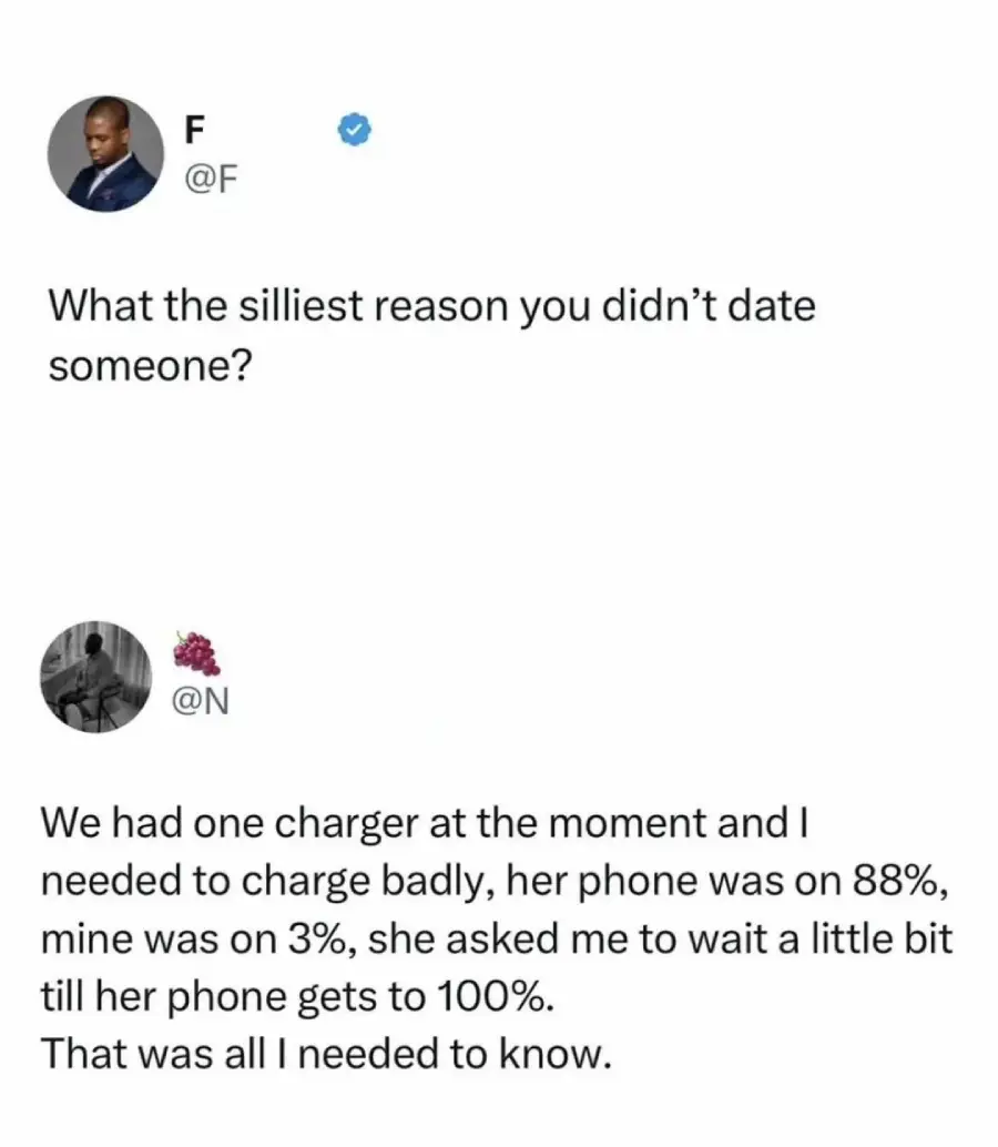 A social media exchange: one user asks for the silliest reason someone didn’t date a person. Another replies, explaining he didn’t date someone because she made him wait to charge his 3% phone until hers charged from 88% to 100%.