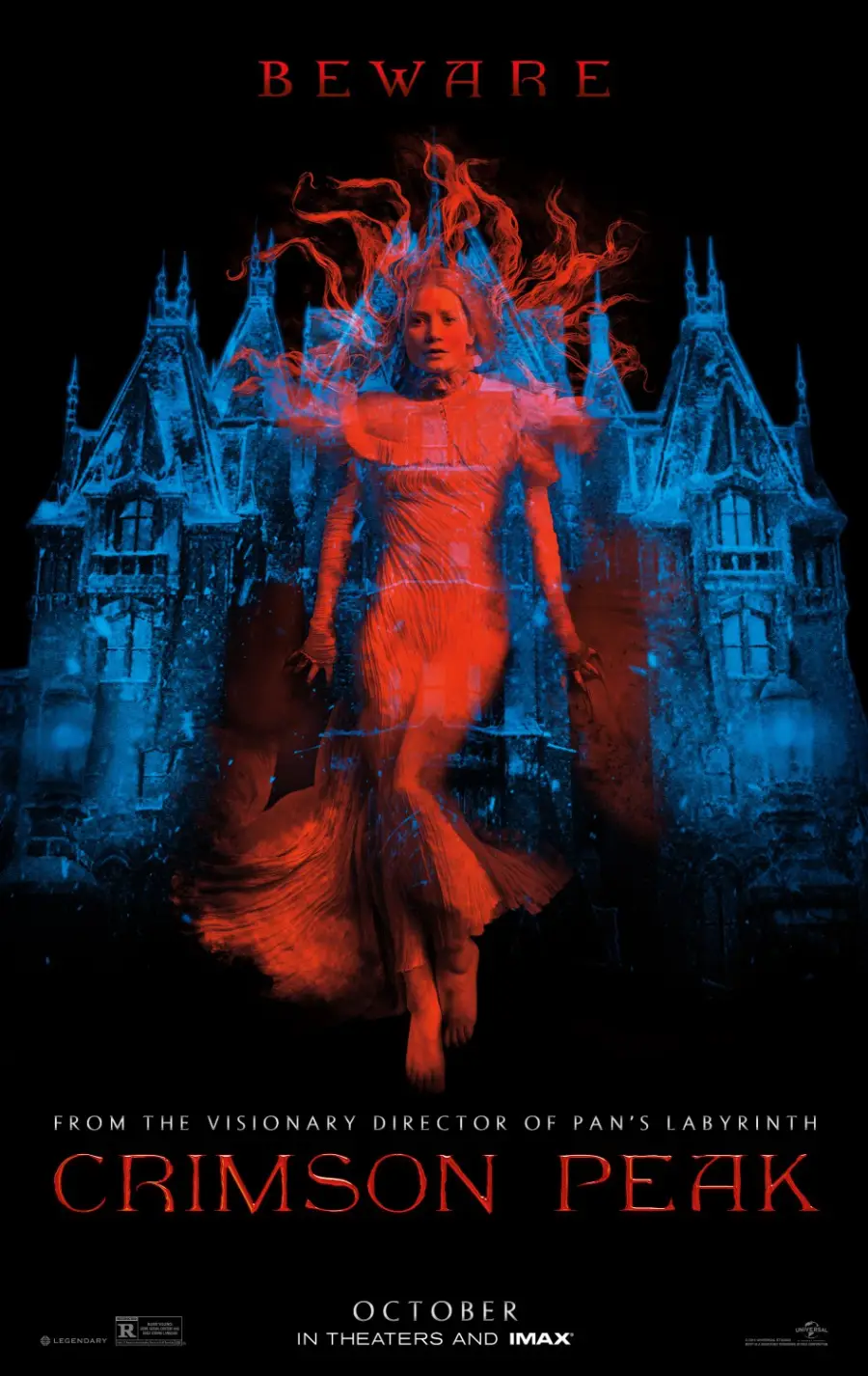 A ghostly woman in a flowing red dress stands before a dark, gothic mansion. Blue mist surrounds her, and red flames rise from her head. The text reads: "Beware. Crimson Peak. October in theaters and IMAX.