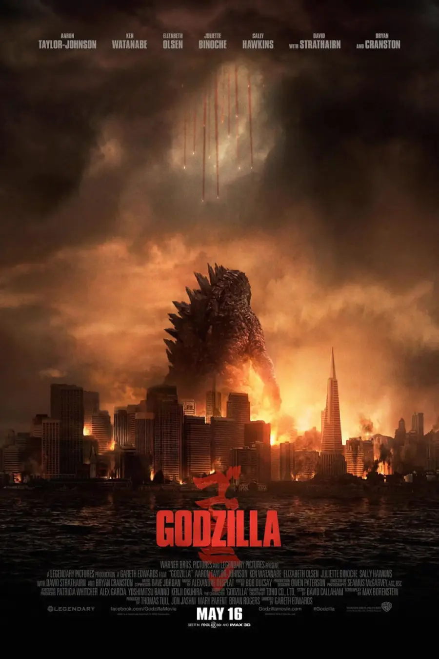 A giant Godzilla towers over a burning city skyline at sunset, with smoke, fire, and helicopters overhead. The title "Godzilla" and a red Japanese character are at the bottom, with credits and a release date of May 16.