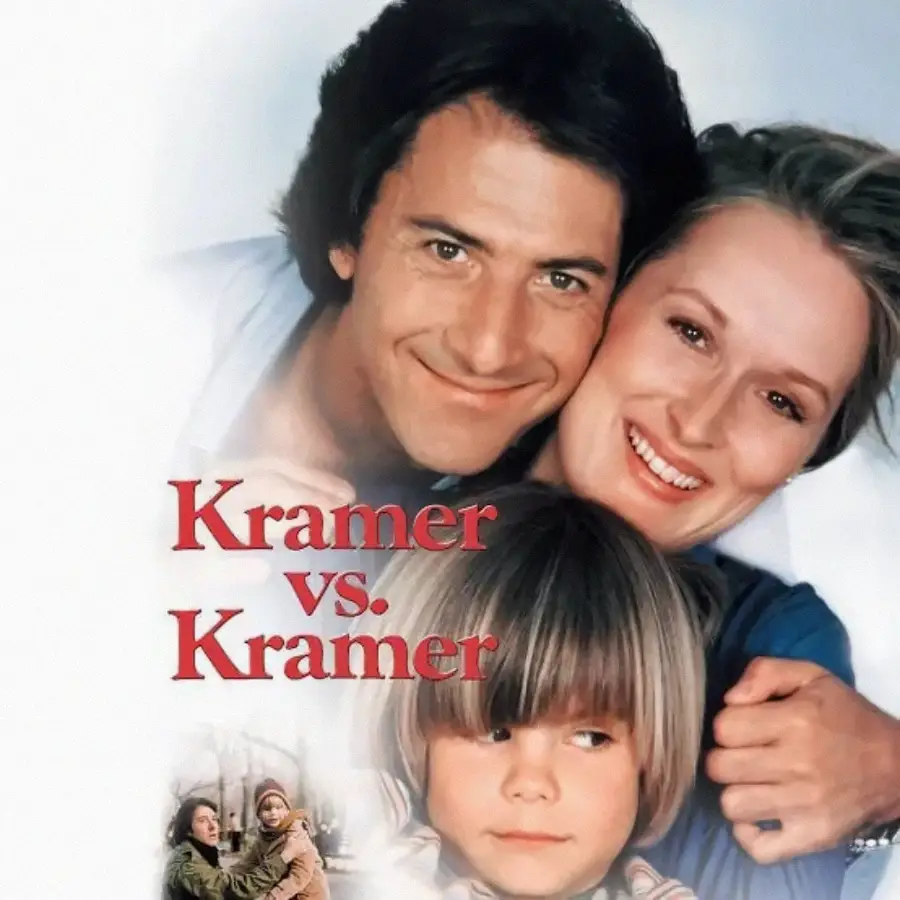 A man and woman smile and hug a young boy between them. The boy looks away, appearing somber. Text over the image reads "Kramer vs. Kramer." A small inset image shows two people in winter clothing.
