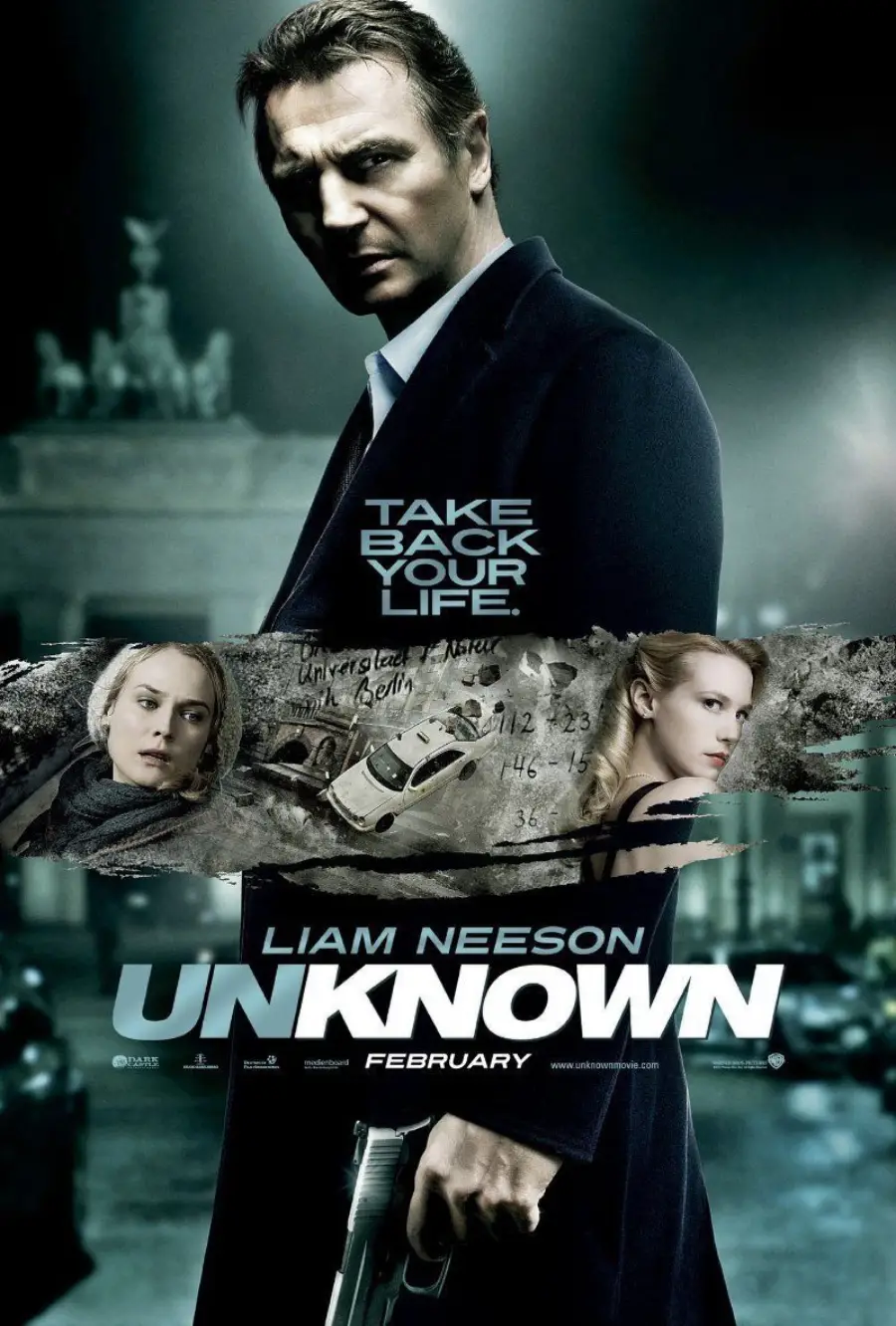 Movie poster for "Unknown" featuring Liam Neeson in a dark coat, with images of two women, a wrecked car, and the words “Take Back Your Life.” Title and release month "February" are displayed at the bottom.