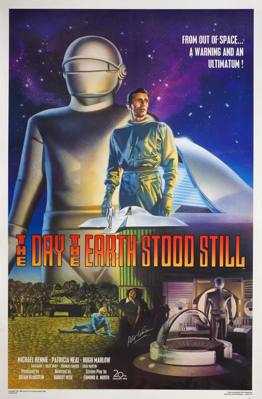 A retro movie poster for "The Day the Earth Stood Still" shows a giant silver robot, a man in a silver suit, and dramatic scenes of people and chaos. The tagline reads: “From out of space... a warning and an ultimatum!”