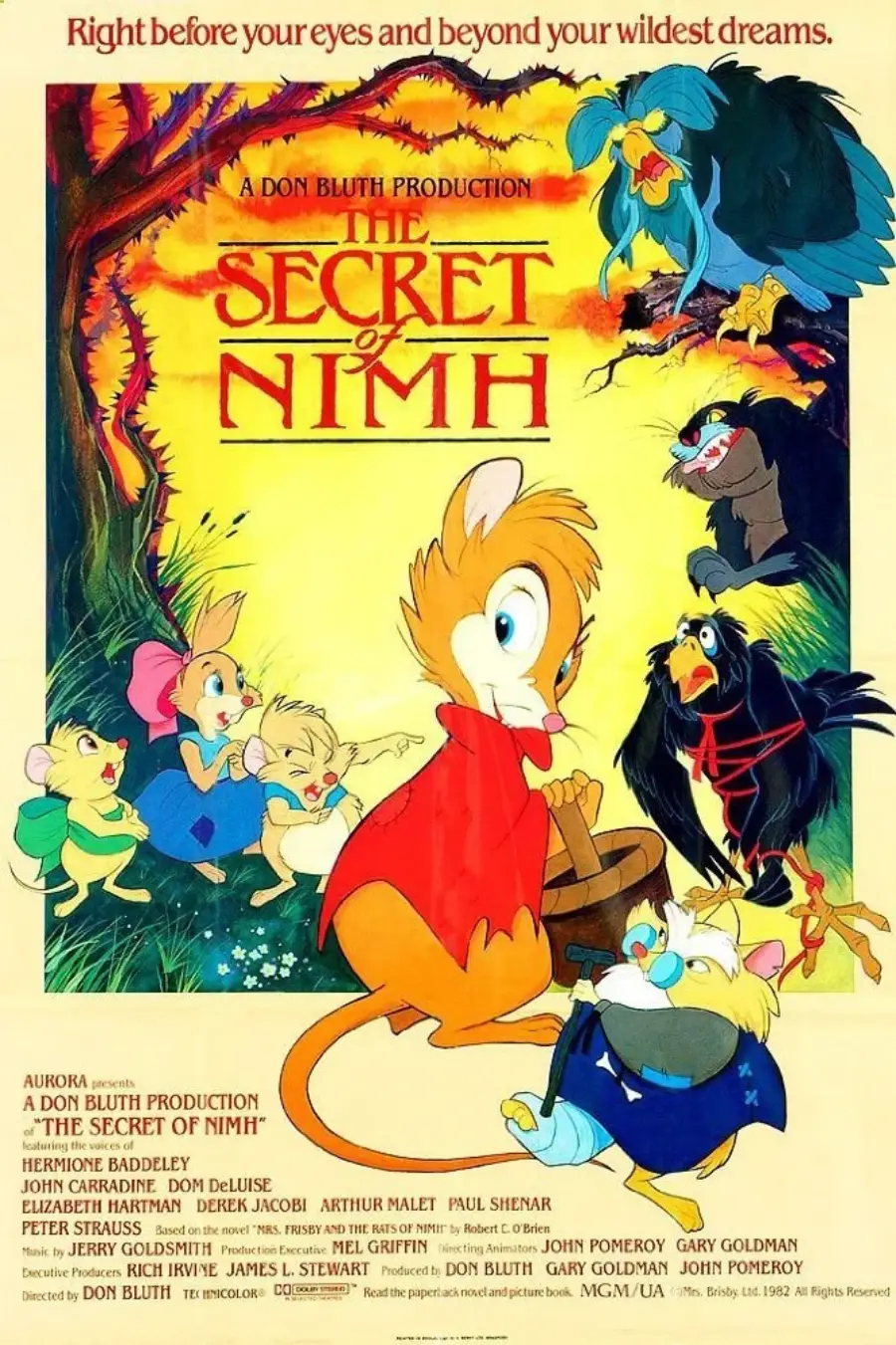 A movie poster for "The Secret of NIMH" shows a large mouse in a red cloak surrounded by various animals, including birds, an owl, and other mice, with colorful forest scenery and the film title prominently displayed.