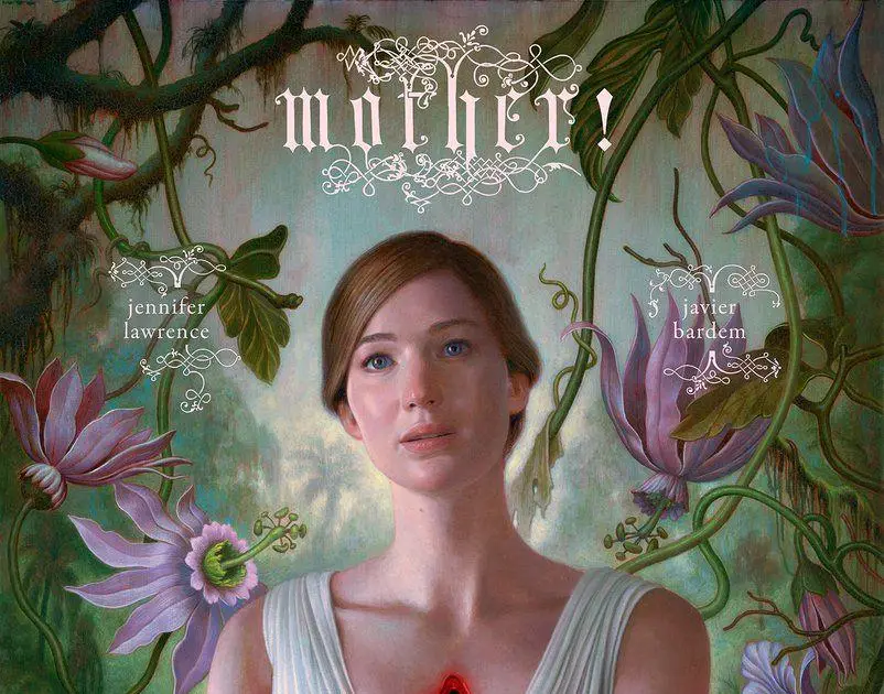 A woman with light skin and brown hair stands amid large, twisting vines and flowers. She wears a white dress and holds her chest, which reveals a glowing red heart. The word "mother!" appears above her, with actors' names beside her.