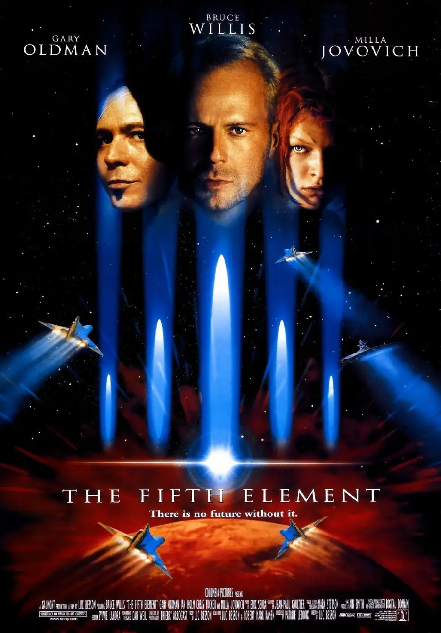 Movie poster for "The Fifth Element" featuring portraits of three main characters above beams of blue light, spaceships, and the tagline, "There is no future without it." Title and actors' names are displayed.