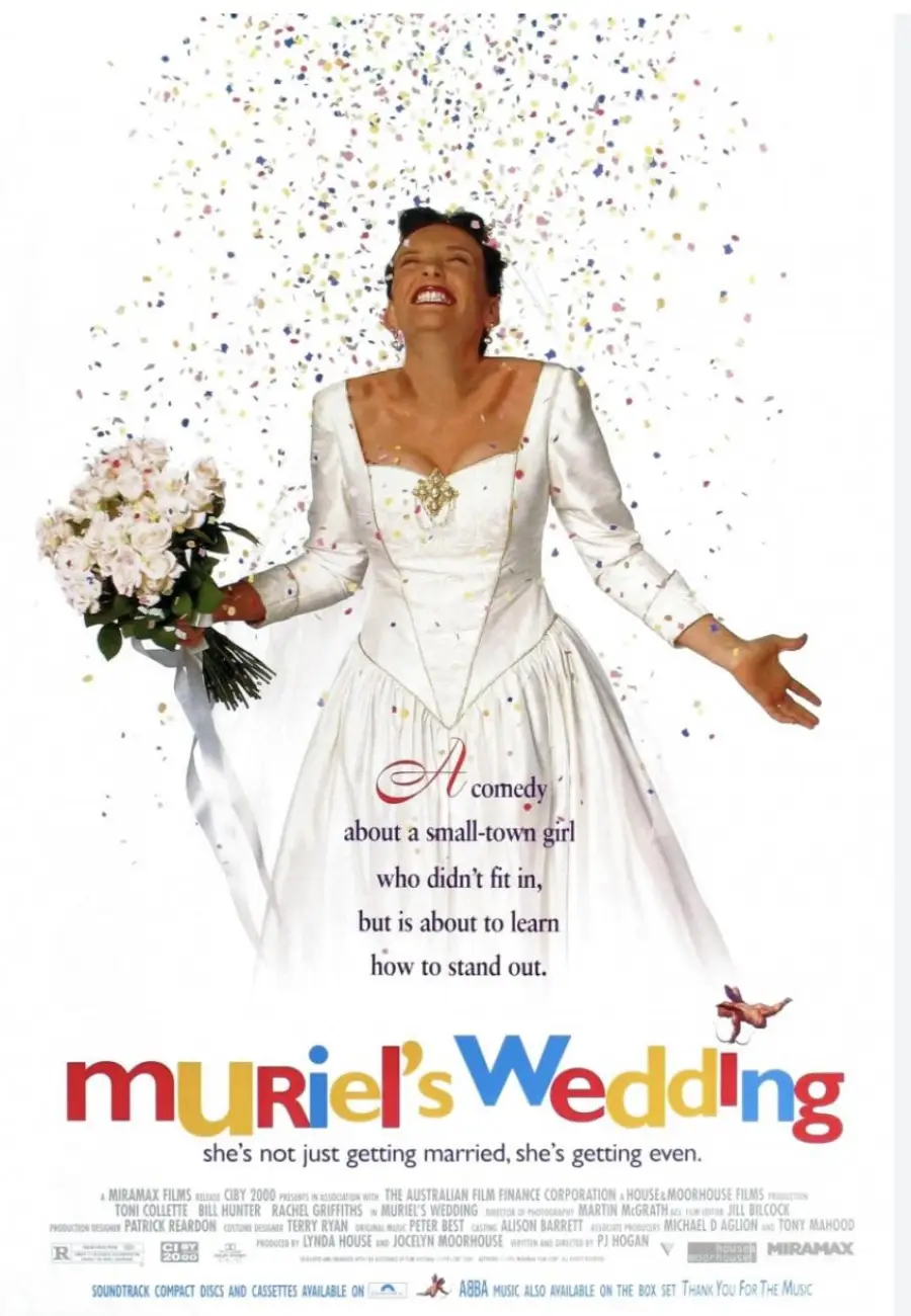 A woman in a white wedding dress, holding a bouquet and laughing joyfully, stands under falling confetti. The text reads: “muriel’s Wedding – she’s not just getting married, she’s getting even.”