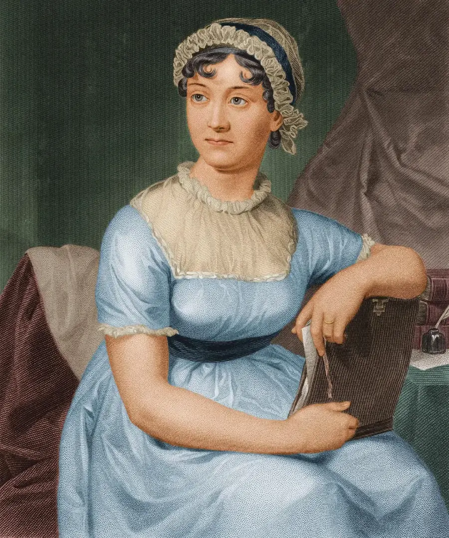 A woman in a light blue dress and bonnet sits with a book in her hand, gazing to the side. The background includes draped fabric and a green wall. The style appears to be a historical portrait.