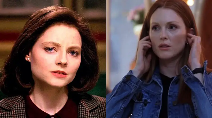 Split image shows two women: on the left, a woman with short brown hair wearing a dark jacket; on the right, a woman with long auburn hair wearing a denim jacket and adjusting her hair.