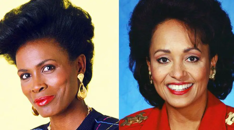 Side-by-side portraits of two women with dark hair, both smiling. The woman on the left wears gold earrings and a black top, against a yellow background. The woman on the right wears a red blazer, against a blue background.