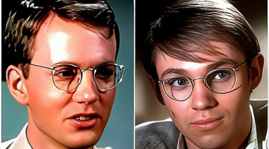 Two young men with short brown hair and round eyeglasses, each facing forward in close-up portraits. The left man wears a slight smile; the right has a neutral expression. Both are dressed in light-colored shirts.