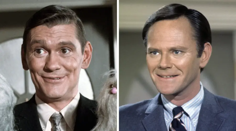 Side-by-side photos of two men in suits, both smiling. The man on the left has dark hair and is pictured with a puppet beside him. The man on the right has neatly combed hair and wears a striped tie.