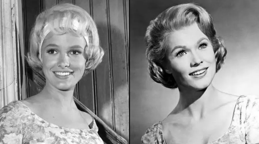 Black and white photo split in two, showing two women with short, wavy blond hair, both smiling and looking slightly off camera. They wear light-colored dresses and appear to be from a vintage era.