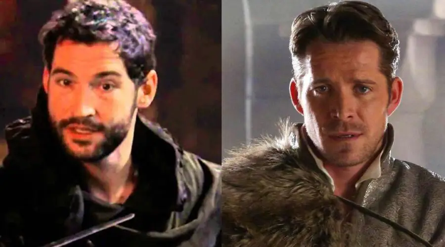Split image showing two men in medieval-style clothing; the man on the left has dark hair and a beard, wearing a dark cloak, while the man on the right has lighter hair, a trimmed beard, and a fur-lined outfit.