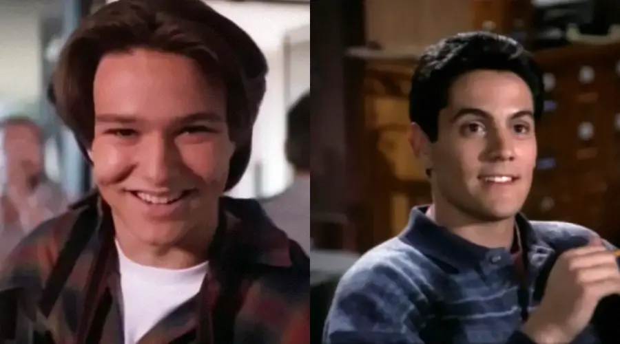 Split-screen image showing two young men indoors, both smiling. The person on the left has medium-length brown hair, wearing a plaid shirt, while the one on the right has short dark hair and is wearing a striped sweater.