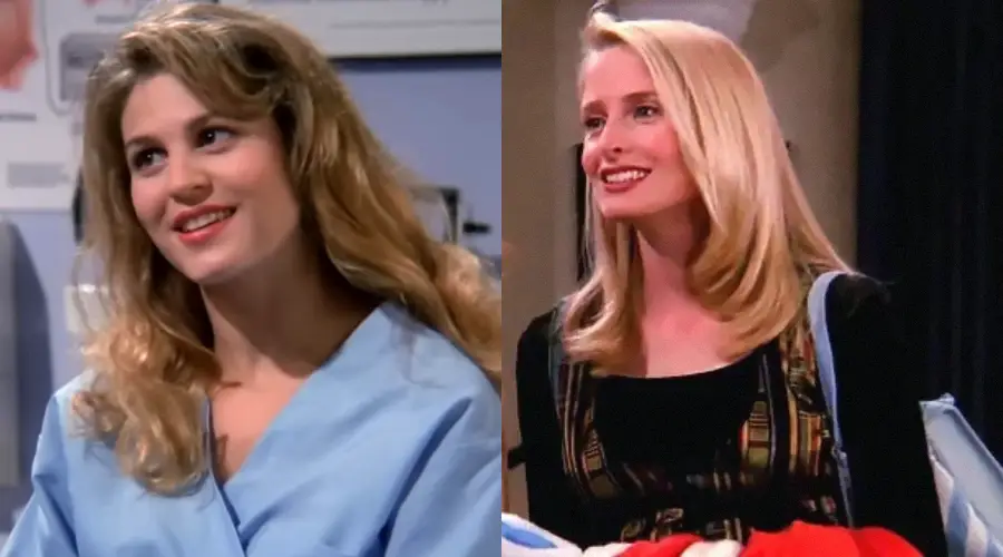 Split image showing two women with blonde hair. The woman on the left wears a light blue medical gown and smiles slightly. The woman on the right wears a black dress with a patterned top and smiles brightly while holding clothes.