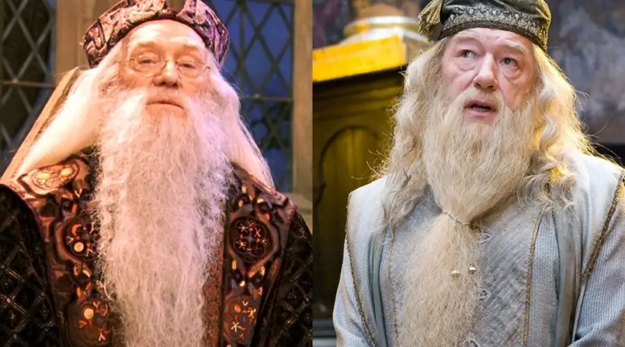 Two elderly men with long white beards and hair, both wearing ornate robes and hats, stand in what appears to be a magical or medieval setting with stained glass windows and decorative backgrounds.