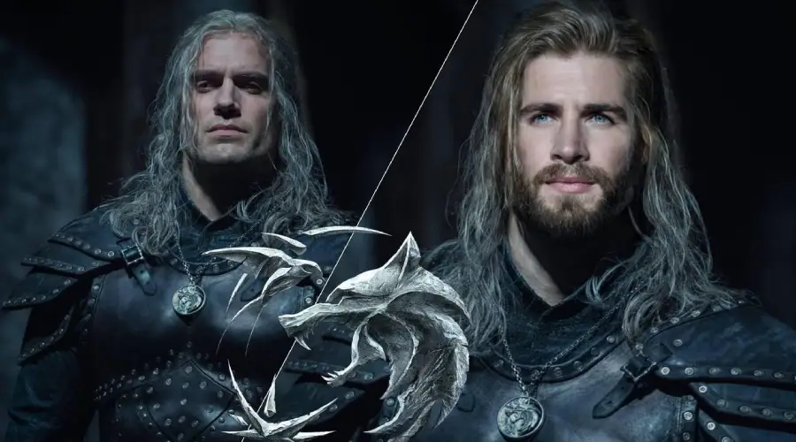 Two men with long silver hair and beards, dressed in black leather armor and wolf medallions, stand on either side of a stylized wolf emblem. The background is dark and mysterious.