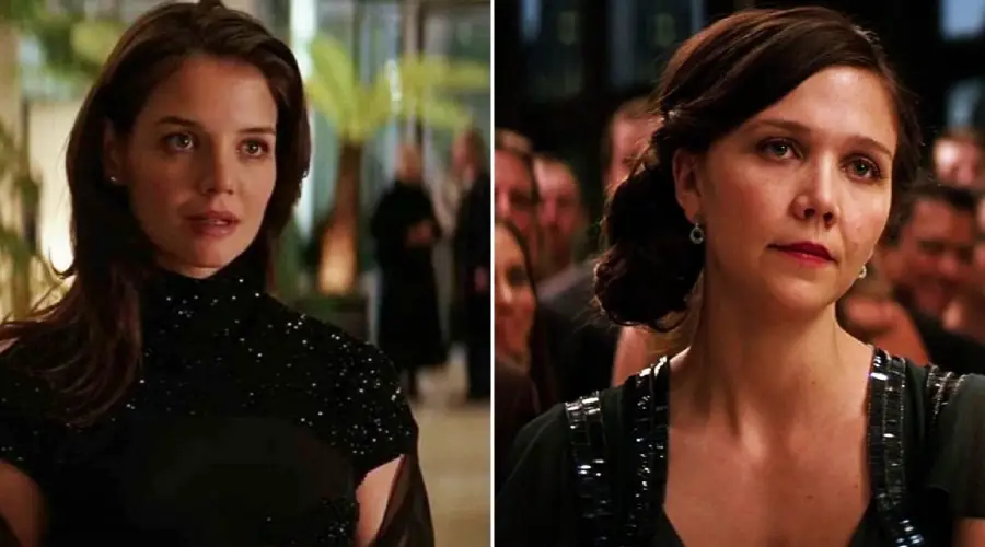 Split image showing two women in formal black dresses at separate events, each with serious expressions. The background in both scenes is blurred, with people and soft lighting visible.