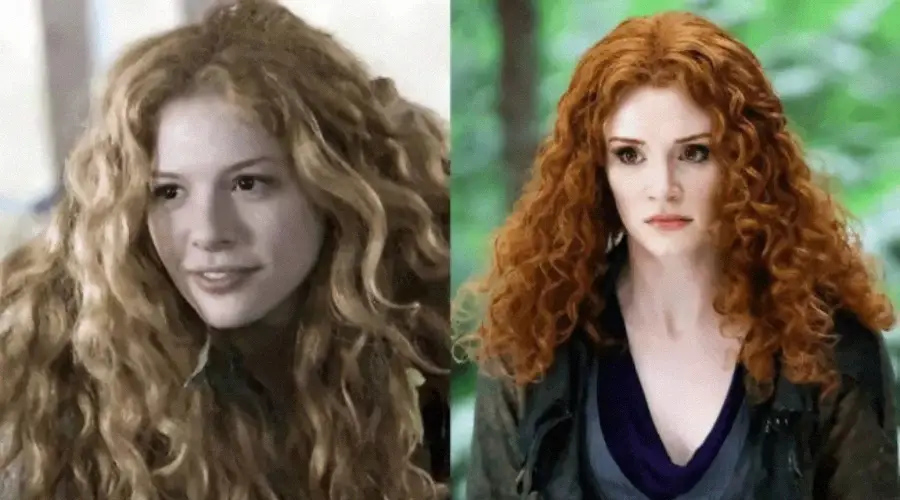 Side-by-side images of two women with long, curly red hair. The woman on the left smiles softly in natural light, while the woman on the right looks serious in an outdoor, forested setting.