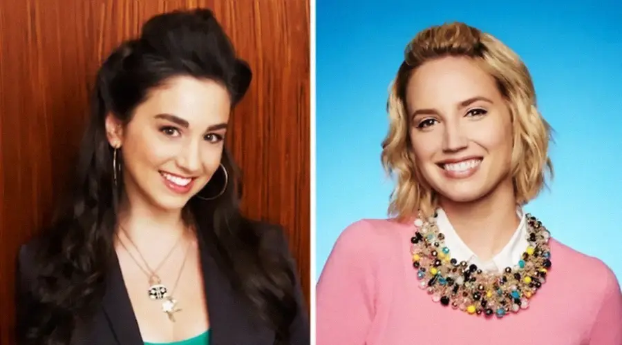 Split image of two women; left has long dark hair, hoop earrings, a black top, and layered necklaces, posing in front of a wood background. Right has short blonde hair, a pink top, and a colorful jeweled collar, smiling against a blue backdrop.