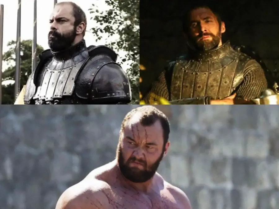 Three different men with beards and stern expressions, each wearing medieval-style armor except the one at the bottom, who is shirtless and appears to be in a battle scene.