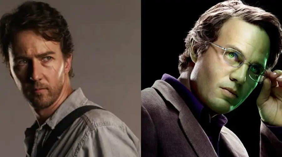 A split image showing two actors portraying Bruce Banner; the left side shows a man with messy hair and a serious expression, wearing a gray shirt, while the right side shows another man adjusting his glasses, with a greenish hue on his face.