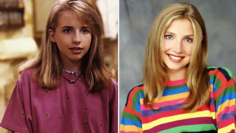 Side-by-side photos of two young women with blonde hair. The left shows a girl in a loose pink shirt with a neutral expression; the right shows a smiling woman in a colorful striped top against a gray background.